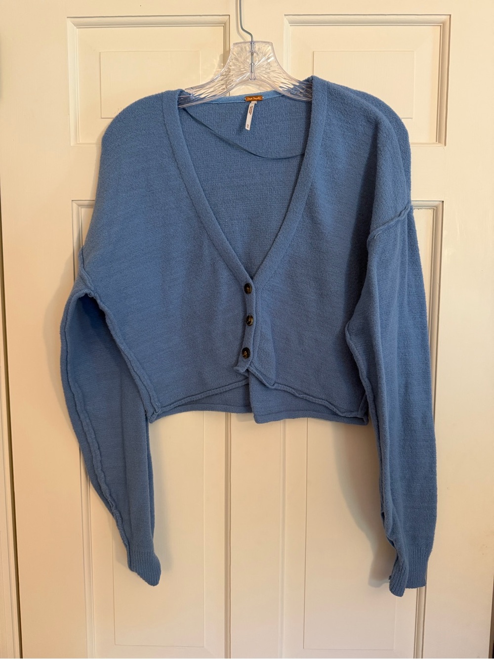 Free People Cropped Fleecy Button Sweater Cornflower Blue Size Medium